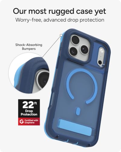 Image of ZAGG Rainier Case with Kickstand for iPhone 17 Pro Max - Blue Cobalt Horizon, Graphene 22ft (7m) Drop Protection, Lanyard Attach Points, MagSafe, Wireless Charging Compatible, Phone Case