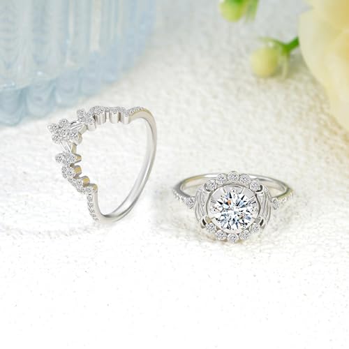 Round Cut Moissanite Wedding Ring Set for Women, 10K 14K 18K Gold Round Half Halo 1-2 CT Moissanite Flower Cluster Engagement Ring Wedding Band Bridal Ring Sets Jewelry Gifts for Her4