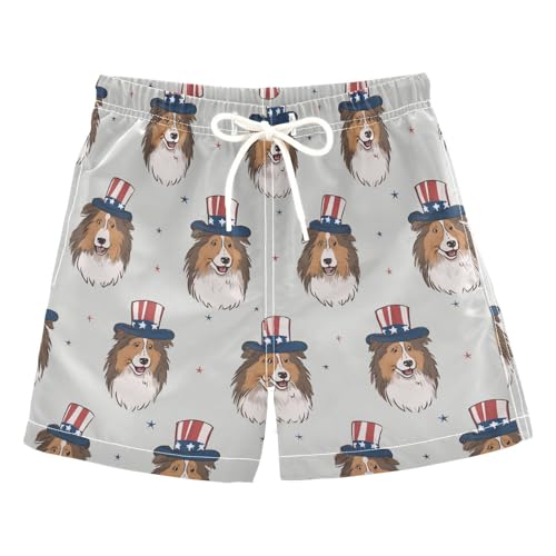 Selerdon Quick Dry Swim Trunks 4th of July Sheltie Dog Grey for Boy Kids Summer Fashion Beach Shorts with Adjustable Waist and Side Pocket for Daily Wear Outdoor Play XS