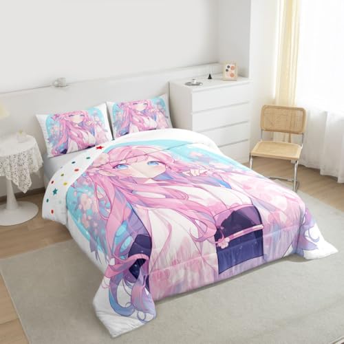 Image of Erosebridal Girls Bedding Japanese Style Comforter Set King, 3D Anime Girl Duvet Insert Cartoon Kawaii Kimono Girl Bedding Comforter Sets Romantic Gifts for Her