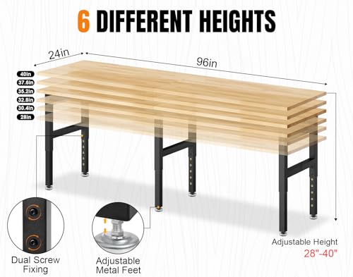 Image of 96 inch Adjustable Height Workbench, 2000 LBS Heavy Duty Table Rubber Wood Workstation with Power Outlet & Pegboard for Garage, Office, Workshop, Home,Commercial
