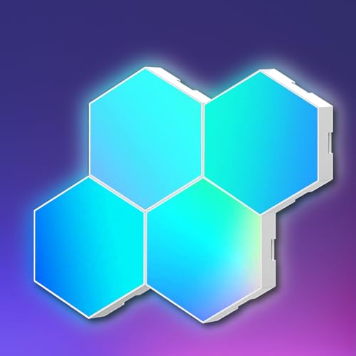 Amailtom Hexagon Light Panels Expansion 4 LED Panels, Hexagon LED Wall Lights Dreamcolor Effects, Smart Gaming Lights Music Sync for Gaming Room Setup (No Controller/Remote)