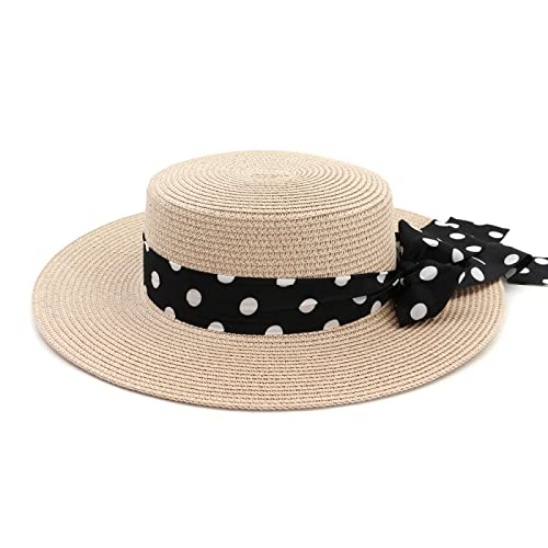 WMHHN Chapeau De Paille À Dessus Plat De Couleur Unie Avec Décoration À Pois Chapeau Pliable Et Réglable À Larges Bords Adapté Pour Les Voyages, Le Shopping, Les Voyages En Plein Air Cover
