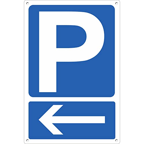 Pubblimania Panneau PARKING + flèche gauche en composite aluminium d'épaisseur 3mm, micro-perforé (4trous) à usage externe/interne (Parking flèche gauche 20 x 30)