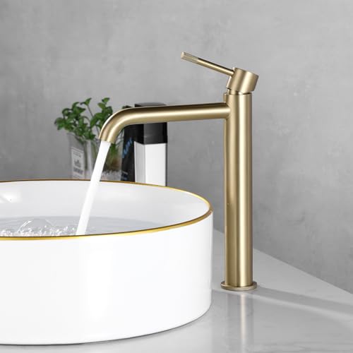 PHASAT Torneira para lavatório de casa de banho ouro escovado alto, misturador com controlo único de aço inoxidável 304, torneiras com controlo único de lavatório, água fria e quente disponível