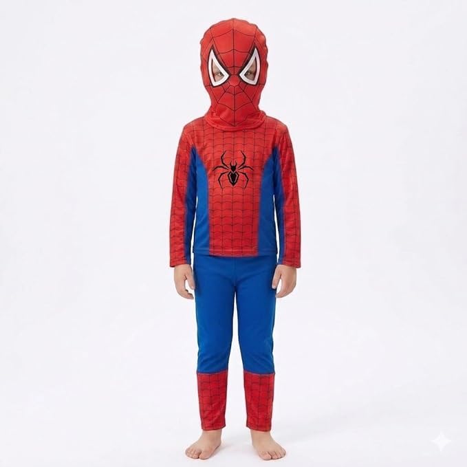 Image of Raj Costume Boys Superhero Costume Set with Mask | Blue Red Full Sleeve T-Shirt & Track Pants | Kids Fancy Dress for Birthday Party, School Function | Stretchable Comfortable | 5-6 Years