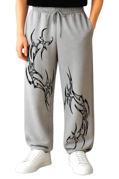 Image of Men's Loose Fit Track Pant, Black with White Tribal Print, Elastic Waist, for Gym, Street Style & Casual Wear