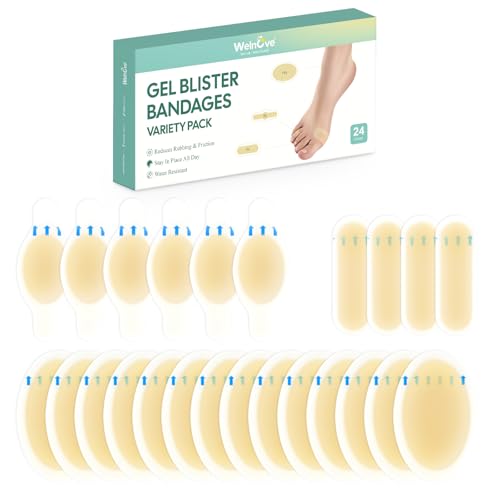Image of Welnove Gel Blister Bandage - 24 PCS Hydrocolloid Bandages for Prevention & Recovery, Blister Cushions for Heel, Toes & Foot, Blister Bandages for High Heels, Sandals, Wedding, Party (Variety Pack)