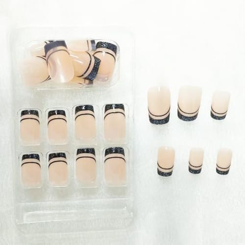 Image of Black French Tip Press on Nails Medium Square Fake Nails with Design Black Line False Nail Glitter Glue on Nail Glossy Full Cover Artificial Acrylic Bling Stick on Nail for Women NBNTGH Manicure 24pcs