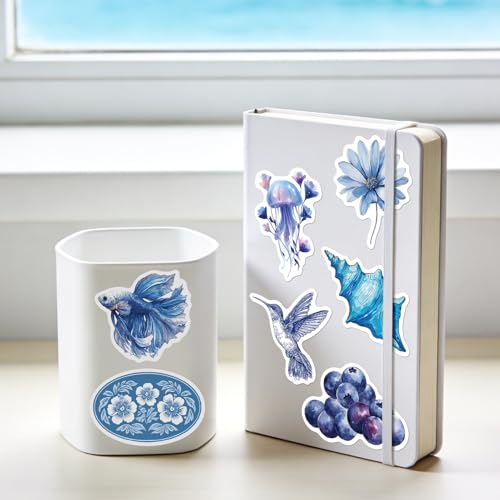 100 Pcs Blue Aesthetic Water Bottle Stickers, Cute Vintage Waterproof Vinyl Sticker Pack for Laptop Scrapbook, for Teens Girls Women