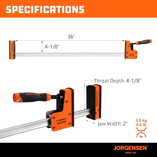 Image of JORGENSEN 36-Inch Parallel Bar Clamp, Heavy-Duty Cabinet Master Clamp for Woodworking Glue-Up, 2200 lbs Force, Quick Release, Spreader Function, 2-Pack