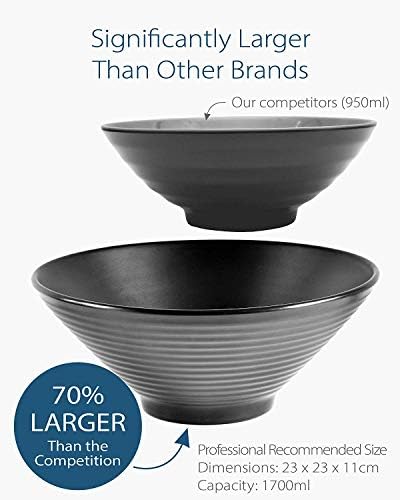 4 Sets (12 Piece) 57 Ounce Large Japanese Ramen Noodle Soup Bowl Melamine Hard Plastic Dishware Ramen Bowl Set with Matching Spoon and Chopsticks for Udon Soba Pho Asian Noodles (4, Black, 9 inches)