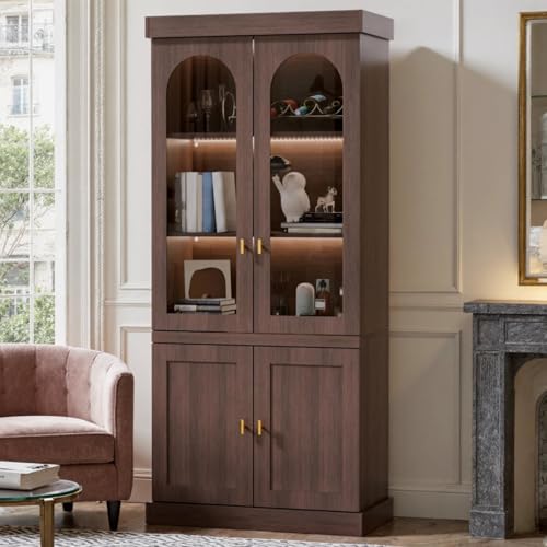 Trygoal 71 Tall Display Cabinet with Glass Door, Mid Century Modern China Cabinet with LED Stripe, Kitchen Buffet Pantry Cupboard, Trophy Display Case for Living Room Dining Room Bedroom, Walnut