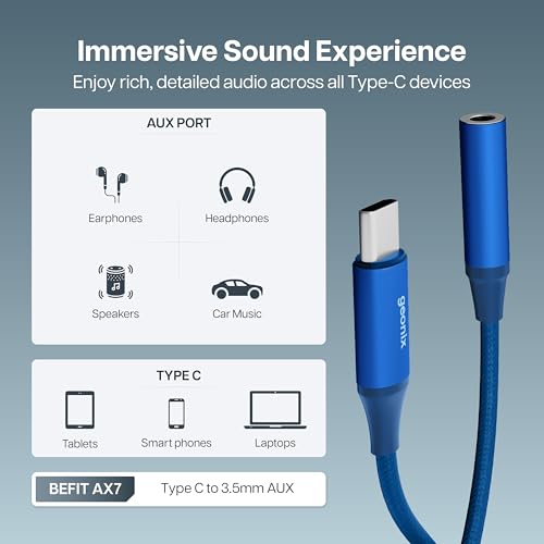 Image of Geonix Befit AX7 Type-C to 3.5mm AUX Female Converter | MIC & Audio Support | Smart DAC Chip | Plug & Play | 13cm Cable, 1 Year Warranty (Royal Blue)