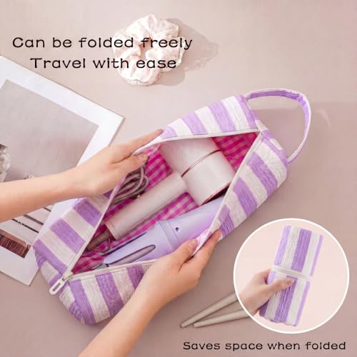 Image of RSRSLEII Striped Hair Tools Travel Bag,Hair Styling Accessories Storage Case for Shark FlexStyle,Dyson Airwrap Hair Dryer,Curling Iron,Straightener,Revlon Hair Tools,Portable&Foldable(18Purple&White)