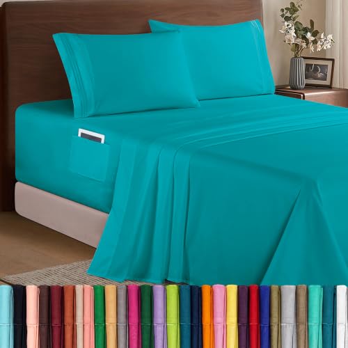 Image of Elegant Comfort Luxury 1500 Premium Hotel Quality Microfiber 4-Piece Sheet Set - Soft, All Around Elastic 18-24 Inches Deep Fitted Sheet - Extra Deep Pocket Sheets, King, Turquoise