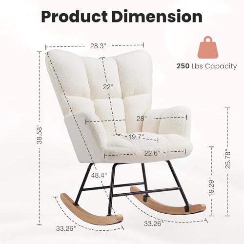 DUMOS Schaukelstuhl, Teddy-gepolsterter Sessel mit Hoher Rückenlehne, Moderner Stil Schminktisch Stuhl, Komfortabler Rückenlese-Ohrensessel, geeignet für Wohnzimmer, Schlafzimmer (Weiß)