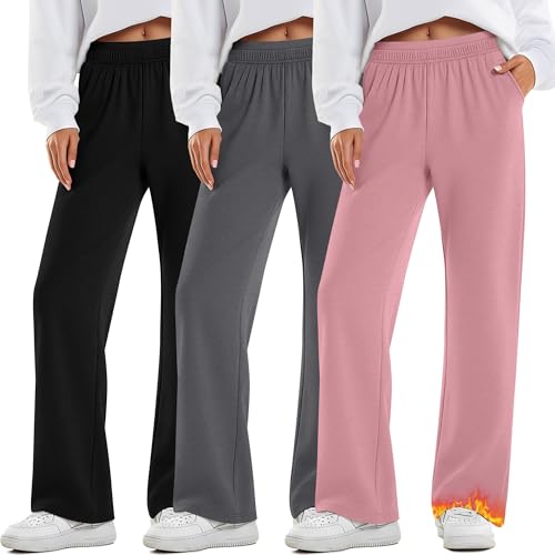 Oakgarden 3 Pack Womens Fleece Lined Sweatpants Wide Leg Warm Thermal Baggy Pants Lounge Straight Leg Sweatpants with Pockets(Black, Gray, Pink,X-Large) by Oakgarden - Used condition - US$29.68