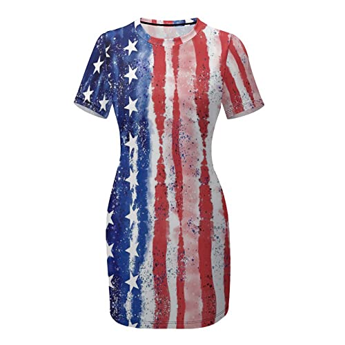 Fattyeery Womens Summer Casual Loose Dress American Flag Long Dress Short Sleeve for Girls Fashion Skirts XL
