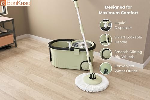 Image of Bonkaso Spin Mop with Stainless Steel Wringer & Big Wheels | 360 Rotating Mop, Adjustable Handle | Easy Floor Cleaning Bucket Set with 2 Microfiber Refills - Mint Green & Black (46 x 26.5 x 23 cm)