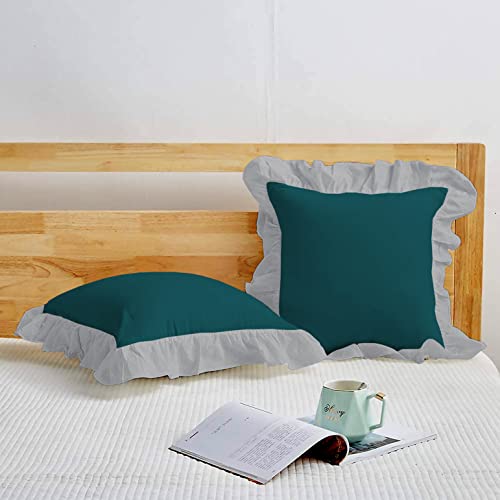 Image of YRM Bedding's Ruffle Beautiful Cushion Cover | Super Soft Elegant Premium Microfiber Frill Cushion Cover Set of 2 (16 inchx16 inch Inches) (Teal /Silver Grey)