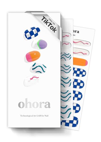 Image of ohora Semi Cured Gel Nail Strips (N Snatched) - Blue, Patterned, Works with Any UV /LED Lamps, Salon-Quality, Long Lasting, Easy to Apply & Remove - Includes 2 Prep Pads, Nail File & Wooden Stick