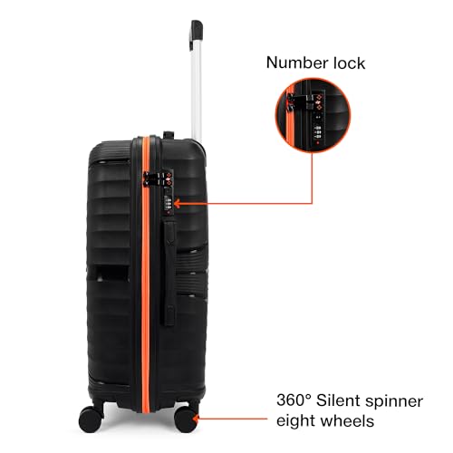 Image of Nasher Miles Golden Gate Hard-Sided Polypropylene Check-in Luggage 24 inch | 65cm | 8 Wheels Medium Trolley Bag for Travel | Suitcase (Black & Orange)