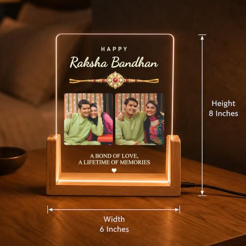 Image of Giftplease Personalized Raksha Bandhan LED Acrylic Photo Frame with 3 Custom Pictures, Brother Sister Memory Plaque, Wooden USB Night Lamp, Family Festival Decor, Engraved Name Quote Display