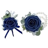 CherishedMoments Corsage and Boutonniere Set, Dark Blue Rose Handmade Artificial Flower Wrist Corsage and Groom Boutonniere for Seaside Wedding,Bridesmaid Hand Flower,Prom Suit Decorations