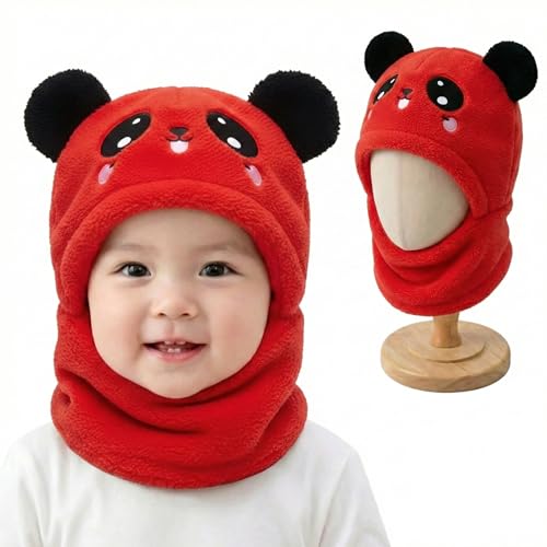 Image of Kraptick Winter Kids Monkey Cap - Cute Panda Plush Balaclava Hat with Neck Warmer Scarf Soft Woolen Fleece Lined Windproof Earflap Hood for Babies -3