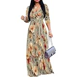 Girlair Plus Size Maxi Dress that Hides Belly Fat for Women, Boho Floral V Neck 3/4 Sleeve Wrap Long Dress with Pockets, Church Wedding Guest Party Outfits