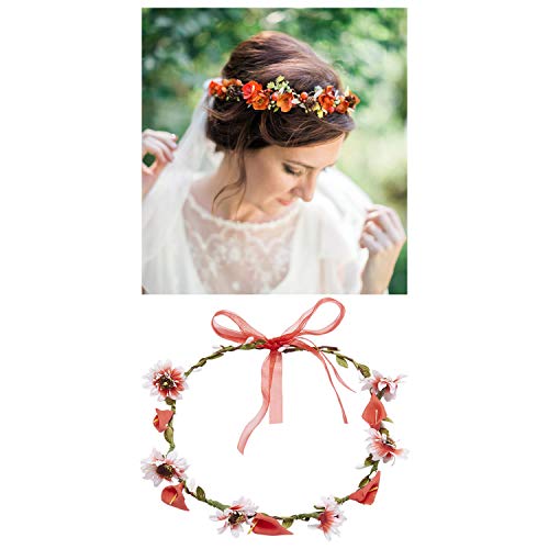 Lawie 8 Pack Boho Flower Crowns Floral Wreath With Ribbon Halo Headbands Garland Wedding Bridal Bridesmaid Headpiece Tiara Sunflower Daisy Rose Hairbands Hawaiian Party Accessories for Kids Women Girl - Thumbnail 4