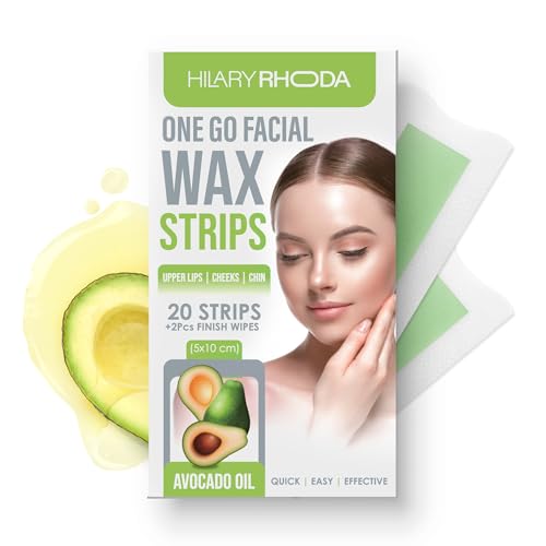 Image of Hilary Rhoda Women One Go Facial Wax Strips | Avocado Oil Extract | Ready-to-Use for Upper Lip, Chin & Cheeks | Hair Removal Strips with 2 Wipes | Painless, Quick & Gentle Waxing | 20 Strips