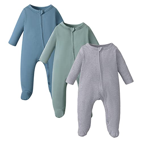 Image of OPAWO Newborn Footie Pajamas with Mitten Cuffs Double Zipper Sleepers Baby Boy Girl Onesie Footed One-Piece Romper 0-6 Months
