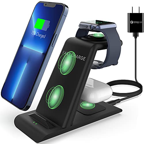 HATALKIN 3 in 1 Wireless Charging Station Compatible for Apple Products Multiple Devices Apple Watch 7 SE 6 5 4 3 2 AirPods 3 / Pro/2 iPhone 13 12 11 Pro Max/X/XS/XR/8 Plus Fast Wireless Charger Stand