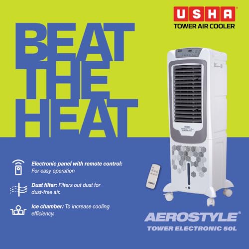 Image of USHA Aerostyle Electronic 50L Tower Air Cooler (50AST1E) - 1400 m /h Air Delivery, 6m Air Throw, Remote Control, Honeycomb Pads, Ice Chamber & Humidity Control