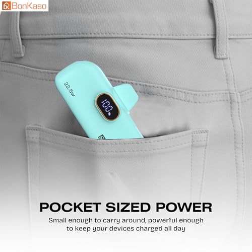 Image of BonKaso 5000mAh Mini Power Bank with Built in Cable, 22.5W PD Fast Charging Pocket Portable Charger, USB Type C Input and Output, Digital LED Display for iPhone and Android, Green