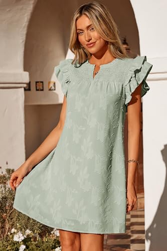 Image of Dokotoo Womens Summer Dresses 2026 Ruffle Short Sleeve Casual V Neck Smocked Floral Burnout Mini Dress Sundress