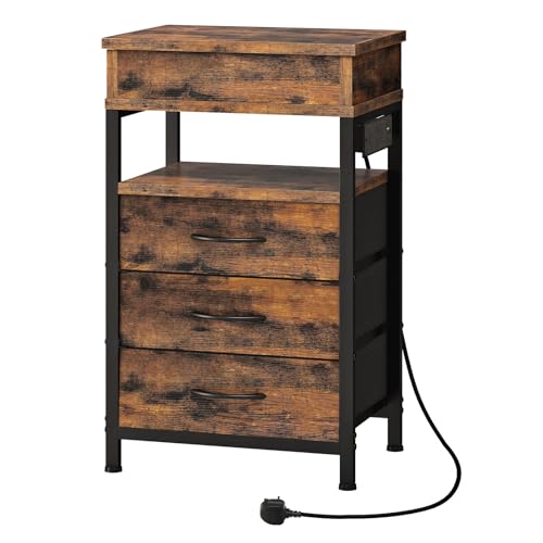 HOOBRO Bedside Table with Charging Station, Side Table with 3 Drawers, 2 AC Outlets, 1 USB-A, 1 Type-C, Nightstand for Bedroom, Living Room, Rustic Brown and Black EBF143KBZ01