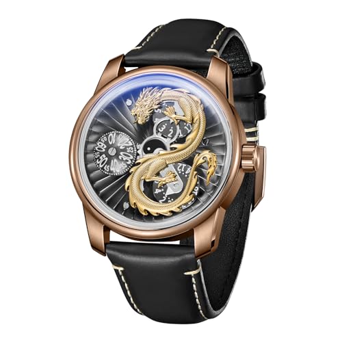 OBLVLO Designer 3D Chinese Dragon Dial Calf Leather Automatic Watch for Men 3 Eyes Multifunctional Classic Mechanical Watches JM-Dragon-DOU (JM-Dragon-DOU-PGBL)