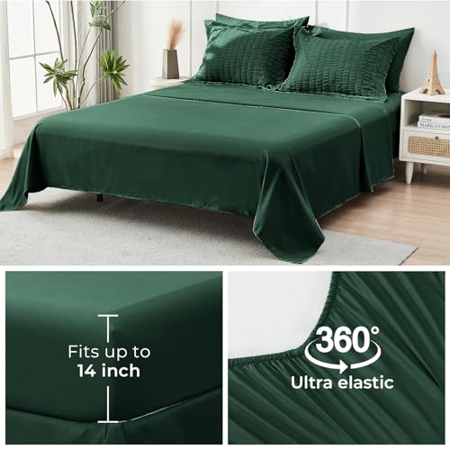 Image of HYMOKEGE Emerald Green Oversized King Comforter Set Seersucker 7 Pieces, All Season Luxury Bed in a Bag for Bedroom, Bedding Set with Comforter, Sheets, Pillowcases & Shams