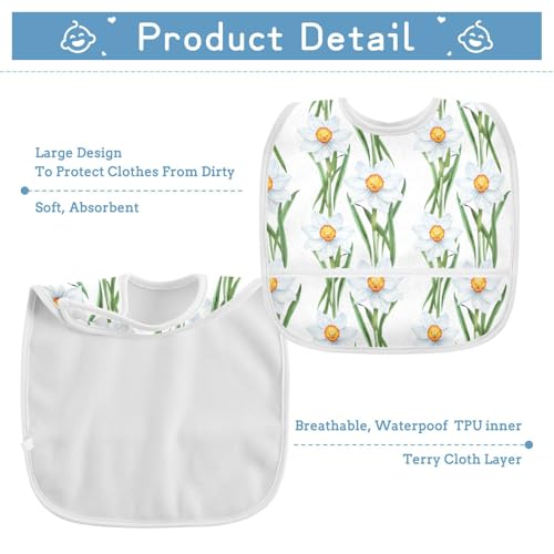 MCHIVER Flower Leaves White Baby Bibs for tag1 Waterproof Feeding Bib Apron with Food Cather Adjustable Cotton Food Eating Bib 2 Pack3