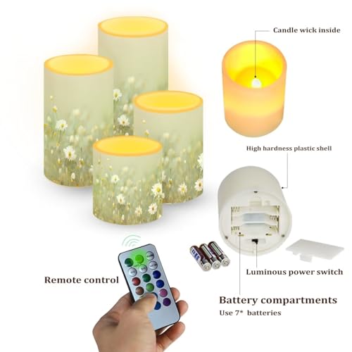 Image of Flameless Candles Battery Powered LED Pillar Candles Tealights with Remote Timer Color Changing Control for Indoor Outdoor Home Tabletop Decoration Set of 4, Daisy Floral Green