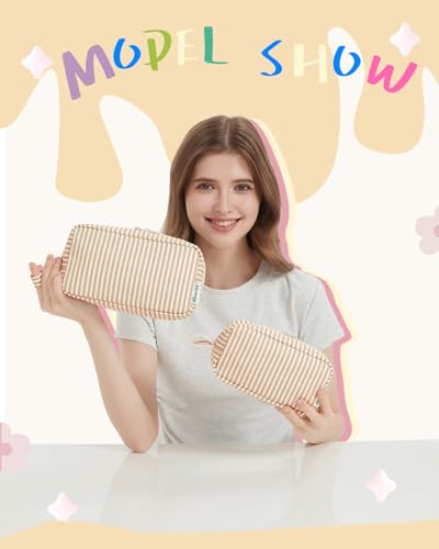 Image of Narwey Small Makeup Bag for Purse Travel Makeup Pouch Mini Cosmetic Bag Zipper Pouch for Women (Brown Stripe, Small)