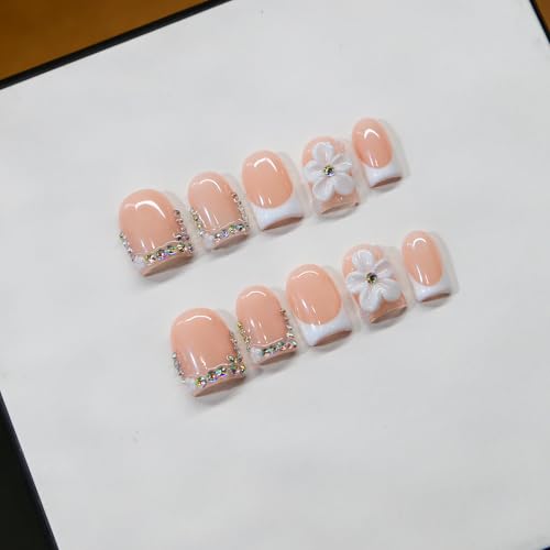 Press On Nails-ARTIXY 10 Pcs Handmade Nails Short Square Nail press ons French 3D Acrylic Fake Nails Reusable Stick Ons for Women(S)