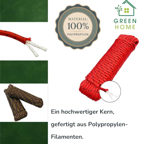 GREEN HOME Seil 8 mm 20 m | grün-weiß | PP-Seil 8mm 20m | Robustes Polypropylenseil | 700 kg Bruchlast | Leicht zu reinigen, schwimmfähig & wetterfest | Ideal für Camping, Garten, Sport & Freizeit