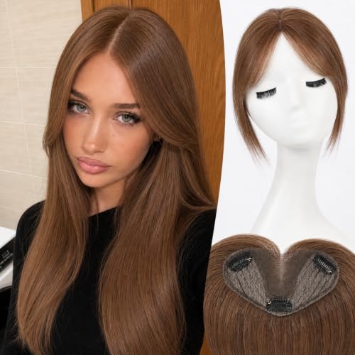 8 inch Human Hair Toppers,Curtain Bangs Natural Warm Brown, 5"x3"Swiss Base SilkHug with 3 Non-Slip Clips,100% Real Human Hair Toppers for Women with thinning &amp; Natural Appearance