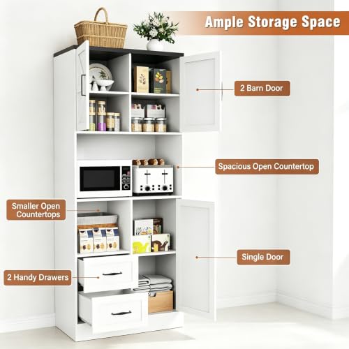 Image of 67.72 inch Tall Kitchen Pantry Cabinet with LED Light & Charging Station, Modern Kitchen Hutch with Microwave Stand, Countertop, Doors & Adjustable Storage Shelves
