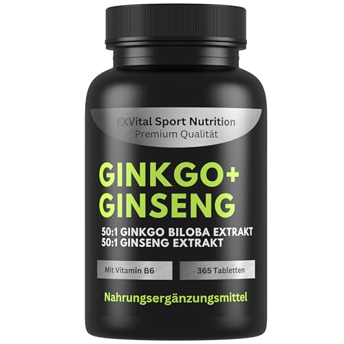 EXVital® Ginkgo + Ginseng, 365 Tabletten, 50:1 Pflanzenextrakte, hochdosiert - Ginkgo Biloba & Koreanischer Ginseng - Laborgeprüft - Vegan