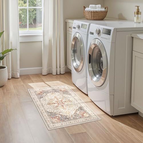 Tortania Area Rug 2x3 Doormat - Washable Vintage Oriental Farmhouse Soft Thin Indoor Carpet for Living Room Bedroom Hallway Entryway Kitchen - Orange Multi